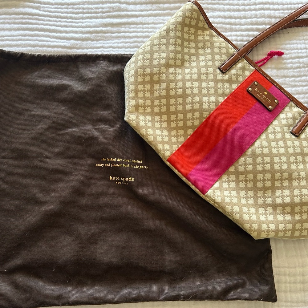Kate Spade Tan Tote with Pink and Red Stripes - Picture 6 of 6